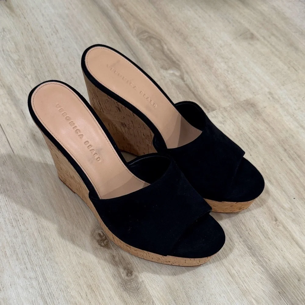 Veronica Beard Dali Slip on Platform black and cork wedge sandal